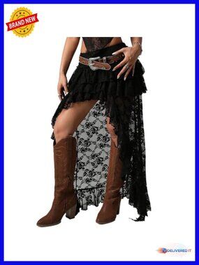 Layered Sheer Mesh Lace Asymmetrical High Low Ruffle Flowy Maxi Skirt